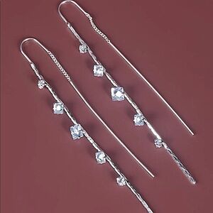 SILVER RHINESTONE THREADER EARRINGS